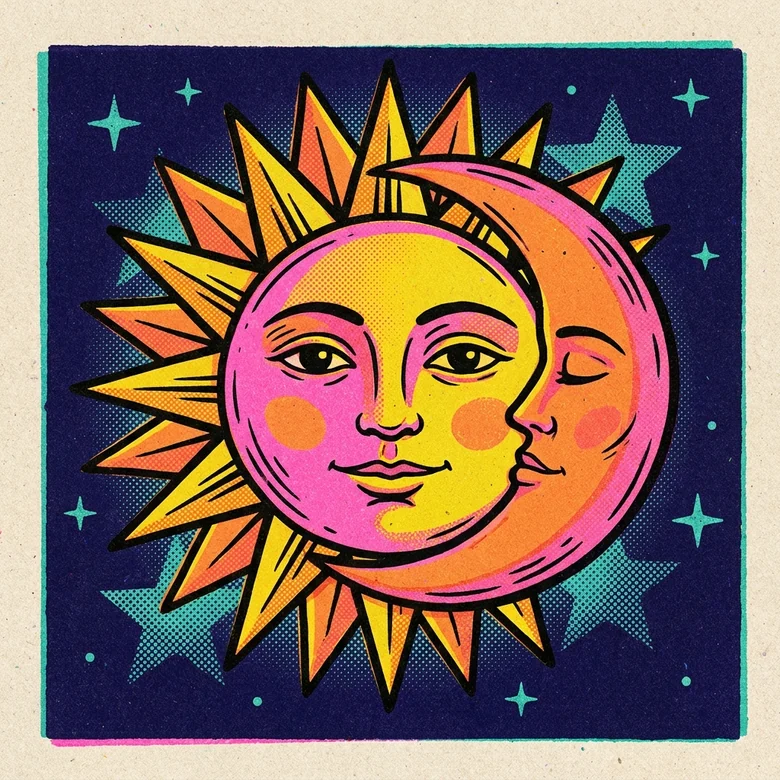 A sun and a crescent moon, each with a face, printed in riso inks